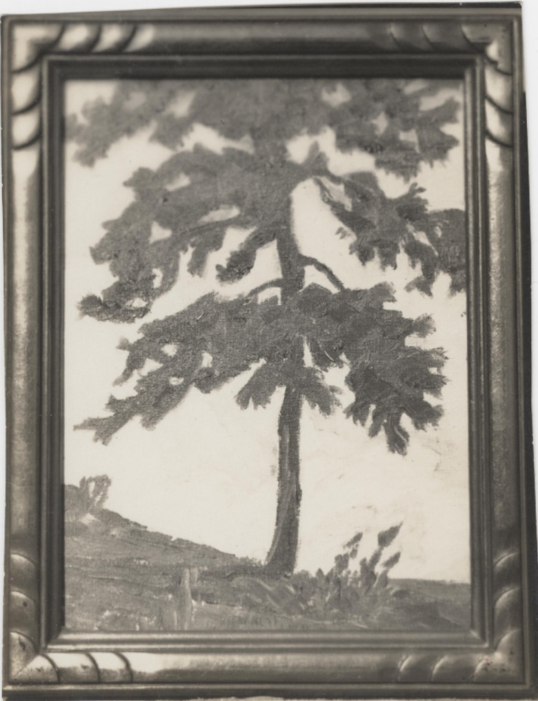 Black and white photograph of Everett Ruess’ watercolor painting of a tree in the Colorado Plateau wilderness, ca. 1930s.